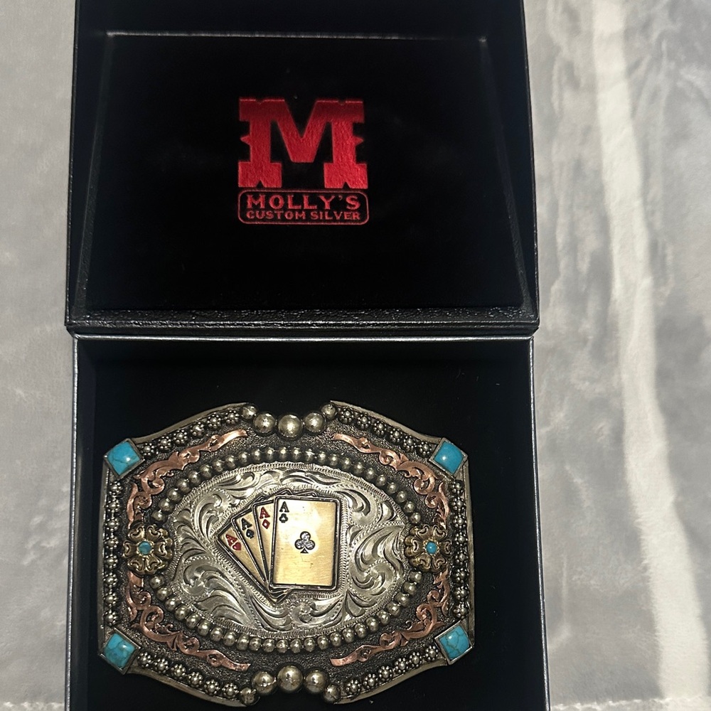 Belt Buckle - Silver and Turquoise Aces